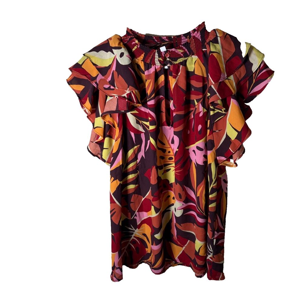 Dr2 Blouse Women's Large Colorful Short Sleeve Ruffle Artsy Top Shirt